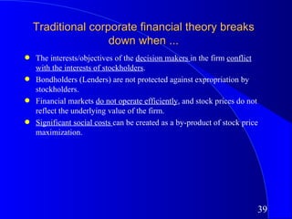 Traditional corporate financial theory breaks
                    down when ...
q   The interests/objectives of the decision makers in the firm conflict
    with the interests of stockholders.
q   Bondholders (Lenders) are not protected against expropriation by
    stockholders.
q   Financial markets do not operate efficiently, and stock prices do not
    reflect the underlying value of the firm.
q   Significant social costs can be created as a by-product of stock price
    maximization.




                                                                         39
 