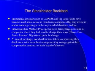 The Stockholder Backlash
q   Institutional investors such as CalPERS and the Lens Funds have
    become much more active in monitoring companies that they invest in
    and demanding changes in the way in which business is done
q   Individuals like Michael Price specialize in taking large positions in
    companies which they feel need to change their ways (Chase, Dow
    Jones, Readers’ Digest) and push for change
q   At annual meetings, stockholders have taken to expressing their
    displeasure with incumbent management by voting against their
    compensation contracts or their board of directors




                                                                       44
 