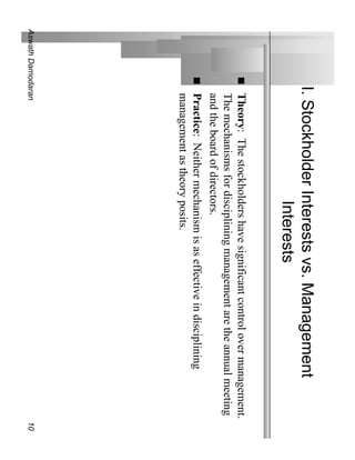 I. Stockholder Interests vs. Management
                             Interests
              Theory: The stockholders have significant control over management.
              The mechanisms for disciplining management are the annual meeting
              and the board of directors.
              Practice: Neither mechanism is as effective in disciplining
              management as theory posits.
Aswath Damodaran                                                                   10
 
