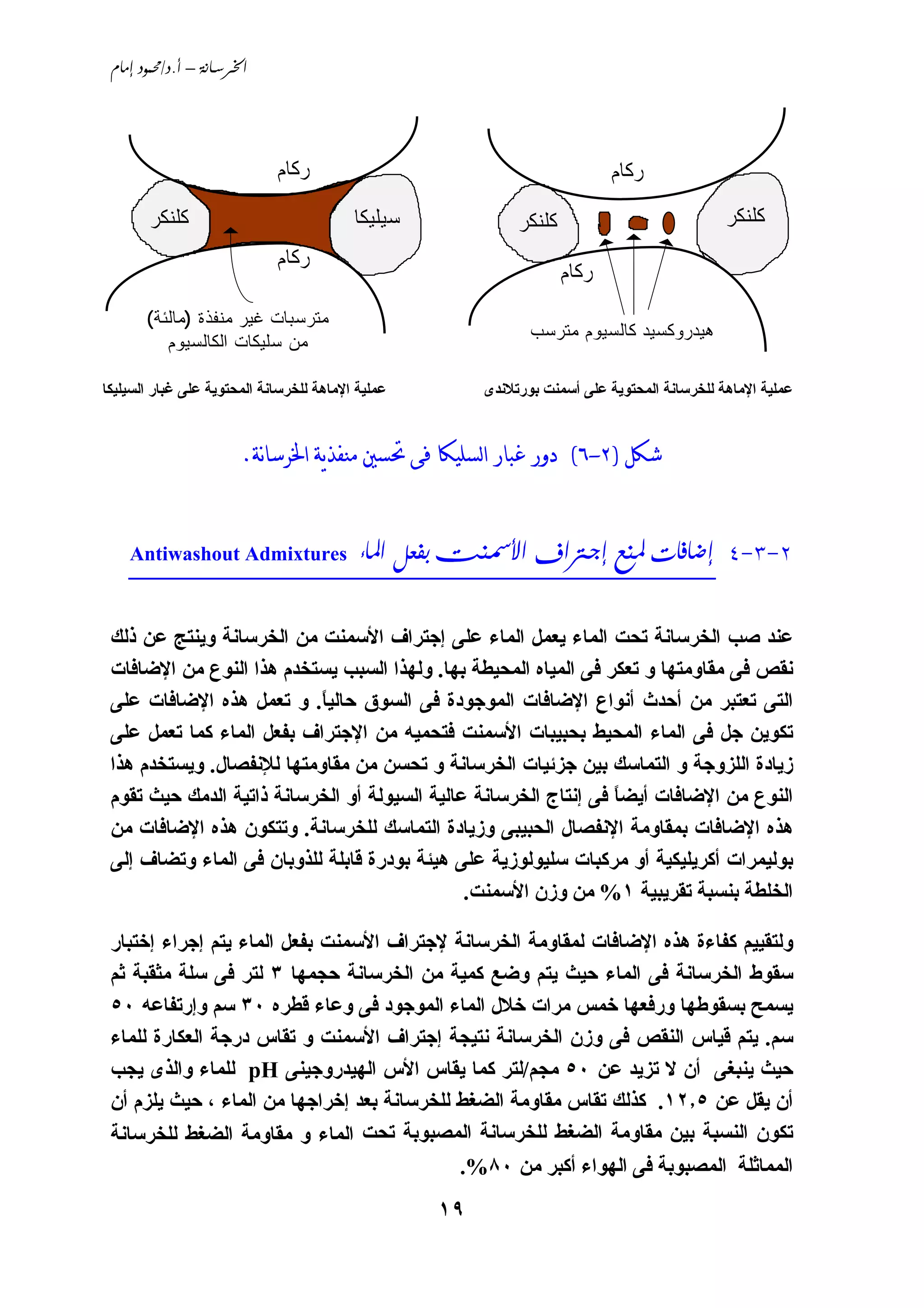 ‫‪ /. – ‬‬




                             ‫ﺭﻜﺎﻡ‬                                           ‫ﺭﻜﺎﻡ‬

       ‫ﻜﻠﻨﻜﺭ‬                              ‫ﺴﻴﻠﻴﻜﺎ‬             ‫ﻜﻠﻨﻜﺭ‬                            ‫ﻜﻠﻨﻜﺭ‬
                             ‫ﺭﻜﺎﻡ‬
                                                                     ‫ﺭﻜﺎﻡ‬
       ‫ﻤﺘﺭﺴﺒﺎﺕ ﻏﻴﺭ ﻤﻨﻔﺫﺓ )ﻤﺎﻟﺌﺔ(‬
                                                               ‫ﻫﻴﺩﺭﻭﻜﺴﻴﺩ ﻜﺎﻟﺴﻴﻭﻡ ﻤﺘﺭﺴﺏ‬
          ‫ﻤﻥ ﺴﻠﻴﻜﺎﺕ ﺍﻟﻜﺎﻟﺴﻴﻭﻡ‬

‫ﻋﻤﻠﻴﺔ اﻹﻣﺎهﺔ ﻟﻠﺨﺮﺳﺎﻧﺔ اﻟﻤﺤﺘﻮﻱﺔ ﻋﻠﻰ ﻏﺒﺎر اﻟﺴﻴﻠﻴﻜﺎ‬        ‫ﻋﻤﻠﻴﺔ اﻹﻣﺎهﺔ ﻟﻠﺨﺮﺳﺎﻧﺔ اﻟﻤﺤﺘﻮﻱﺔ ﻋﻠﻰ أﺳﻤﻨﺖ ﺑﻮرﺗﻼﻧﺪى‬


                       ‫ﺷﻜﻞ )٢-٦( ﺩﻭﺭ ﻏﺒﺎﺭ ﺍﻟﺴﻠﻴﻜﺎ ﻓﻰ ﲢﺴﲔ ﻣﻨﻔﺬﻳﺔ ﺍﳋﺮﺳﺎنﺔ.‬



    ‫2-3-4 __________________________________________‬
    ‫‪Antiwashout Admixtures      ‬‬



 ‫ﻋﻨﺪ ﺹﺐ اﻟﺨﺮﺳﺎﻧﺔ ﺗﺤﺖ اﻟﻤﺎء ﻱﻌﻤﻞ اﻟﻤﺎء ﻋﻠﻰ إﺟﺘﺮاف اﻷﺳﻤﻨﺖ ﻣﻦ اﻟﺨﺮﺳﺎﻧﺔ وﻱﻨﺘﺞ ﻋﻦ ذﻟﻚ‬
 ‫ﻧﻘﺺ ﻓﻰ ﻣﻘﺎوﻣﺘﻬﺎ و ﺗﻌﻜﺮ ﻓﻰ اﻟﻤﻴﺎﻩ اﻟﻤﺤﻴﻄﺔ ﺑﻬﺎ. وﻟﻬﺬا اﻟﺴﺒﺐ ﻱﺴﺘﺨﺪم هﺬا اﻟﻨﻮع ﻣﻦ اﻹﺿﺎﻓﺎت‬
 ‫اﻟﺘﻰ ﺗﻌﺘﺒﺮ ﻣﻦ أﺣﺪث أﻧﻮاع اﻹﺿﺎﻓﺎت اﻟﻤﻮﺟﻮدة ﻓﻰ اﻟﺴﻮق ﺣﺎﻟﻴﺎ. و ﺗﻌﻤﻞ هﺬﻩ اﻹﺿﺎﻓﺎت ﻋﻠﻰ‬
                           ‫ً‬
 ‫ﺗﻜﻮﻱﻦ ﺟﻞ ﻓﻰ اﻟﻤﺎء اﻟﻤﺤﻴﻂ ﺑﺤﺒﻴﺒﺎت اﻷﺳﻤﻨﺖ ﻓﺘﺤﻤﻴﻪ ﻣﻦ اﻹﺟﺘﺮاف ﺑﻔﻌﻞ اﻟﻤﺎء آﻤﺎ ﺗﻌﻤﻞ ﻋﻠﻰ‬
 ‫زﻱﺎدة اﻟﻠﺰوﺟﺔ و اﻟﺘﻤﺎﺳﻚ ﺑﻴﻦ ﺟﺰﺋﻴﺎت اﻟﺨﺮﺳﺎﻧﺔ و ﺗﺤﺴﻦ ﻣﻦ ﻣﻘﺎوﻣﺘﻬﺎ ﻟﻺﻧﻔﺼﺎل. وﻱﺴﺘﺨﺪم هﺬا‬
 ‫اﻟﻨﻮع ﻣﻦ اﻹﺿﺎﻓﺎت أﻱﻀﺎ ﻓﻰ إﻧﺘﺎج اﻟﺨﺮﺳﺎﻧﺔ ﻋﺎﻟﻴﺔ اﻟﺴﻴﻮﻟﺔ أو اﻟﺨﺮﺳﺎﻧﺔ ذاﺗﻴﺔ اﻟﺪﻣﻚ ﺣﻴﺚ ﺗﻘﻮم‬
                                                                  ‫ً‬
 ‫هﺬﻩ اﻹﺿﺎﻓﺎت ﺑﻤﻘﺎوﻣﺔ اﻹﻧﻔﺼﺎل اﻟﺤﺒﻴﺒﻰ وزﻱﺎدة اﻟﺘﻤﺎﺳﻚ ﻟﻠﺨﺮﺳﺎﻧﺔ. وﺗﺘﻜﻮن هﺬﻩ اﻹﺿﺎﻓﺎت ﻣﻦ‬
 ‫ﺑﻮﻟﻴﻤﺮات أآﺮﻱﻠﻴﻜﻴﺔ أو ﻣﺮآﺒﺎت ﺳﻠﻴﻮﻟﻮزﻱﺔ ﻋﻠﻰ هﻴﺌﺔ ﺑﻮدرة ﻗﺎﺑﻠﺔ ﻟﻠﺬوﺑﺎن ﻓﻰ اﻟﻤﺎء وﺗﻀﺎف إﻟﻰ‬
                                               ‫اﻟﺨﻠﻄﺔ ﺑﻨﺴﺒﺔ ﺗﻘﺮﻱﺒﻴﺔ ١% ﻣﻦ وزن اﻷﺳﻤﻨﺖ.‬

 ‫وﻟﺘﻘﻴﻴﻢ آﻔﺎءة هﺬﻩ اﻹﺿﺎﻓﺎت ﻟﻤﻘﺎوﻣﺔ اﻟﺨﺮﺳﺎﻧﺔ ﻹﺟﺘﺮاف اﻷﺳﻤﻨﺖ ﺑﻔﻌﻞ اﻟﻤﺎء ﻱﺘﻢ إﺟﺮاء إﺥﺘﺒﺎر‬
 ‫ﺳﻘﻮط اﻟﺨﺮﺳﺎﻧﺔ ﻓﻰ اﻟﻤﺎء ﺣﻴﺚ ﻱﺘﻢ وﺿﻊ آﻤﻴﺔ ﻣﻦ اﻟﺨﺮﺳﺎﻧﺔ ﺣﺠﻤﻬﺎ ٣ ﻟﺘﺮ ﻓﻰ ﺳﻠﺔ ﻣﺜﻘﺒﺔ ﺛﻢ‬
 ‫ﻱﺴﻤﺢ ﺑﺴﻘﻮﻃﻬﺎ ورﻓﻌﻬﺎ ﺥﻤﺲ ﻣﺮات ﺥﻼل اﻟﻤﺎء اﻟﻤﻮﺟﻮد ﻓﻰ وﻋﺎء ﻗﻄﺮﻩ ٠٣ ﺳﻢ وإرﺗﻔﺎﻋﻪ ٠٥‬
 ‫ﺳﻢ. ﻱﺘﻢ ﻗﻴﺎس اﻟﻨﻘﺺ ﻓﻰ وزن اﻟﺨﺮﺳﺎﻧﺔ ﻧﺘﻴﺠﺔ إﺟﺘﺮاف اﻷﺳﻤﻨﺖ و ﺗﻘﺎس درﺟﺔ اﻟﻌﻜﺎرة ﻟﻠﻤﺎء‬
 ‫ﺣﻴﺚ ﻱﻨﺒﻐﻰ أن ﻻ ﺗﺰﻱﺪ ﻋﻦ ٠٥ ﻣﺠﻢ/ﻟﺘﺮ آﻤﺎ ﻱﻘﺎس اﻷس اﻟﻬﻴﺪروﺟﻴﻨﻰ ‪ pH‬ﻟﻠﻤﺎء واﻟﺬى ﻱﺠﺐ‬
 ‫أن ﻱﻘﻞ ﻋﻦ ٥٫٢١. آﺬﻟﻚ ﺗﻘﺎس ﻣﻘﺎوﻣﺔ اﻟﻀﻐﻂ ﻟﻠﺨﺮﺳﺎﻧﺔ ﺑﻌﺪ إﺥﺮاﺟﻬﺎ ﻣﻦ اﻟﻤﺎء ، ﺣﻴﺚ ﻱﻠﺰم أن‬
 ‫ﺗﻜﻮن اﻟﻨﺴﺒﺔ ﺑﻴﻦ ﻣﻘﺎوﻣﺔ اﻟﻀﻐﻂ ﻟﻠﺨﺮﺳﺎﻧﺔ اﻟﻤﺼﺒﻮﺑﺔ ﺗﺤﺖ اﻟﻤﺎء و ﻣﻘﺎوﻣﺔ اﻟﻀﻐﻂ ﻟﻠﺨﺮﺳﺎﻧﺔ‬
                                             ‫اﻟﻤﻤﺎﺛﻠﺔ اﻟﻤﺼﺒﻮﺑﺔ ﻓﻰ اﻟﻬﻮاء أآﺒﺮ ﻣﻦ ٠٨%.‬

                                                   ‫٩١‬
 