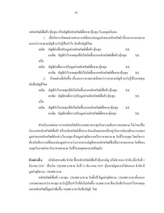 55



หลักทรัพย์เพื่อค้า-หุนทุน หรื อบัญชีหลักทรัพย์เผือขาย-หุ นทุน ในงบดุลนันเอง
                     ้                             ่     ้                 ่
             1. เมื่อกิจการเกิดผลต่างของการเปลี่ ยนแปลงมูลค่าของหลักทรัพย์ เนื่ องจากราคาตลาด
มากกว่าราคาตามบัญชี จะรับรู ้เป็ นกาไร บันทึกบัญชีโดย
        เดบิต บัญชีค่าเผือปรับมูลค่าหลักทรัพย์เพื่อค้า-หุนทุน
                           ่                               ้                           XX
                  เครดิต บัญชีกาไรขาดทุนที่ยงไม่เกิดขึ้นจากหลักทรัพย์เพื่อค้า-หุนทุน
                                               ั                                   ้         XX
        หรื อ
        เดบิต บัญชีค่าเผือการปรับมูลค่าหลักทรัพย์เผือขาย-หุนทุน
                             ่                         ่       ้                       XX
                  เครดิต บัญชีกาไรขาดทุนที่ยงไม่เกิดขึ้นจากหลักทรัพย์เผือขาย-หุ นทุน
                                                 ั                               ่   ้       XX
             2. ถ้าผลต่างที่เกิ ดขึ้น เนื่ องจากราคาตลาดน้อยกว่าราคาตามบัญชี จะรั บรู ้ เป็ นขาดทุ น
บันทึกบัญชีโดย
        เดบิต บัญชีกาไรขาดทุนที่ยงไม่เกิดขึ้นจากหลักทรัพย์เพื่อค้า-หุนทุน
                                        ั                                    ้         XX
                  เครดิต บัญชีค่าเผือการปรับมูลค่าหลักทรัพย์เพื่อค้า-หุนทุน
                                    ่                                  ้                     XX
        หรื อ
        เดบิต บัญชีกาไรขาดทุนที่ยงไม่เกิดขึ้นจากหลักทรัพย์เผือขาย-หุนทุน
                                          ั                        ่           ้       XX
                  เครดิต บัญชีค่าเผือการปรับมูลค่าหลักทรัพย์เผือขาย-หุ นทุน
                                      ่                          ่       ้                   XX

        สาหรับงวดต่อมา หากหลักทรัพย์ประเภทตราสารทุนในความต้องการของตลาด ไม่วาจะเป็ น      ่
ประเภทหลักทรัพย์เพื่อค้า หรื อหลักทรัพย์เ ผื่อขาย ยังคงมียอดคงเหลื ออยู่ กิ จการยังคงต้องการแสดง
มูลค่าของหลักทรัพย์ดงกล่าวในงบดุล ด้วยมูลค่ายุติธรรมหรื อราคาตลาด ณ วันที่ในงบดุล โดยกิจการ
                     ั
ต้องบันทึกการเปลี่ยนแปลงมูลค่าระหว่างราคาตามบัญชี ของหลักทรัพย์ซ่ ึ งเป็ นราคาตลาด ณ วันที่ของ
งบดุลในงวดก่อน กับราคาตลาด ณ วันที่ในงบดุลของงวดปั จจุบน    ั

ตัวอย่างที่ 6 บริ ษทสยามชัย จากัด ซื้ อหลักทรัพย์เพื่อค้าหุ ้นสามัญ บริ ษท อเนก จากัด เมื่อวันที่ 1
                        ั                                                    ั
มีนาคม 2547 เป็ นเงิน 120,000 บาท ณ วันที่ 31 ธันวาคม 2547 หุ ้นสามัญของบริ ษทอเนก จากัด มี
                                                                                     ั
มูลค่ายุติธรรม 130,000 บาท
          หลักทรัพย์เพื่อค้า ราคาทุน 120,000 บาท ณ วันสิ้ นปี มีมูลค่ายุติธรรม 130,000 บาท เนื่องจาก
ราคาตลาดมากว่าราคาทุน จะรับรู ้ เป็ นกาไรที่ยงไม่เกิดขึ้น 10,000 บาท ที่จะบันทึกในงบกาไรขาดทุน
                                              ั
และหลักทรัพย์มีมูลค่าเพิ่มขึ้น 10,000 บาท บันทึกบัญชี โดย
 