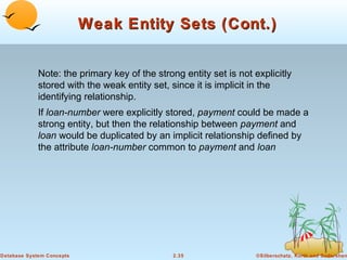 Weak Entity Sets (Cont.)


             Note: the primary key of the strong entity set is not explicitly
             stored with the weak entity set, since it is implicit in the
             identifying relationship.
             If loan-number were explicitly stored, payment could be made a
             strong entity, but then the relationship between payment and
             loan would be duplicated by an implicit relationship defined by
             the attribute loan-number common to payment and loan




Database System Concepts                       2.35                 ©Silberschatz, Korth and Sudarshan
 