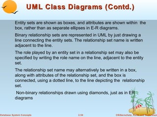 UML Class Diagrams (Contd.)

           Entity sets are shown as boxes, and attributes are shown within the
           box, rather than as separate ellipses in E-R diagrams.
           Binary relationship sets are represented in UML by just drawing a
           line connecting the entity sets. The relationship set name is written
           adjacent to the line.
           The role played by an entity set in a relationship set may also be
           specified by writing the role name on the line, adjacent to the entity
           set.
           The relationship set name may alternatively be written in a box,
           along with attributes of the relationship set, and the box is
           connected, using a dotted line, to the line depicting the relationship
           set.
           Non-binary relationships drawn using diamonds, just as in ER
           diagrams


Database System Concepts                     2.54                 ©Silberschatz, Korth and Sudarshan
 