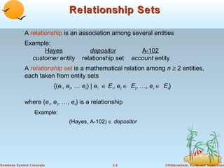 Relationship Sets

             A relationship is an association among several entities
             Example:
                   Hayes                 depositor           A-102
               customer entity        relationship set    account entity
             A relationship set is a mathematical relation among n ≥ 2 entities,
             each taken from entity sets
                           {(e1, e2, … en) | e1 ∈ E1, e2 ∈ E2, …, en ∈ En}

             where (e1, e2, …, en) is a relationship
                  Example:
                                 (Hayes, A-102) ∈ depositor




Database System Concepts                          2.6                  ©Silberschatz, Korth and Sudarshan
 