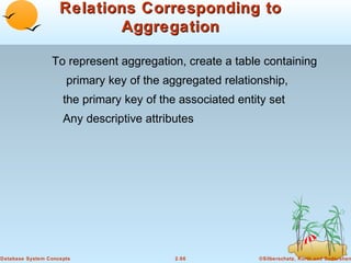 Relations Corresponding to
                           Aggregation

                 To represent aggregation, create a table containing
                      primary key of the aggregated relationship,
                     the primary key of the associated entity set
                     Any descriptive attributes




Database System Concepts                   2.66            ©Silberschatz, Korth and Sudarshan
 