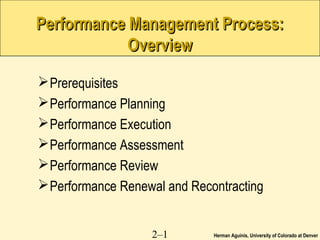 Herman Aguinis, University of Colorado at Denver2–1
Performance Management Process:Performance Management Process:
OverviewOverview
Prerequisites
Performance Planning
Performance Execution
Performance Assessment
Performance Review
Performance Renewal and Recontracting
 