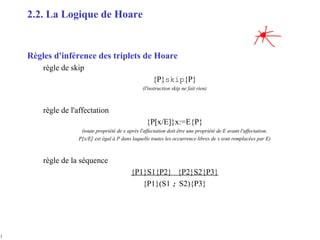 11
Règles d'inférence des triplets de Hoare
règle de skip
{P}skip{P}
(l'instruction skip ne fait rien)
règle de l'affectation
{P[x/E]}x:=E{P}
(toute propriété de x après l'affectation doit être une propriété de E avant l'affectation.
P[x/E] est égal à P dans laquelle toutes les occurrence libres de x sont remplacées par E)
règle de la séquence
{P1}S1{P2} {P2}S2{P3}
{P1}(S1 ; S2){P3}
2.2. La Logique de Hoare
 
