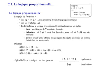 3
La logique propositionnelle
Langage de formules =
• soit Vp = {p, q, r, …} un ensemble de variables propositionnelles
• soit les symboles ¬ et →
• les formules de la logique propositionnelle sont définies par les règles
– base : les éléments de Vp sont des formules
– induction : si A et B sont des formules, alors ¬A et A→B sont des
formules
– clôture : tout terme obtenu en appliquant les règles ci-dessus un nombre
fini de fois est une formule
axiomes
(A1) : |- A → (B → A)
(A2) : |- (A → (B → C)) → ((A→ B) → (A→ C))
(A3) : |- (¬B → ¬A) → (A → B)
règle d'inférence unique : modus ponens
2.1. La logique propositionnelle…
|- f, |- f → g
|- g
(prémisses)
(conclusion)
Rappel :
a→b ≡ (¬a)∨b
=>
- a∨b = (¬a)→b
- a∧b = ¬((¬a)∨(¬b))
Rappel :
a→b ≡ (¬a)∨b
=>
- a∨b = (¬a)→b
- a∧b = ¬((¬a)∨(¬b))
 