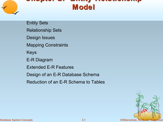 Chapter 2: Entity-Relationship
Model
Entity Sets
Relationship Sets
Design Issues
Mapping Constraints
Keys
E-R Diagram
Extended E-R Features
Design of an E-R Database Schema
Reduction of an E-R Schema to Tables

Database System Concepts

2.1

©Silberschatz, Korth and Sudarshan

 