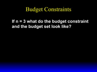 Budget Constraints
If n = 3 what do the budget constraint
and the budget set look like?

 