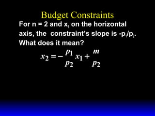 Budget Constraints
For n = 2 and x1 on the horizontal
axis, the constraint’s slope is -p 1/p2.
What does it mean?

p1
m
x2 = −
x1 +
p2
p2

 
