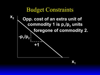 Budget Constraints
x2

Opp. cost of an extra unit of
commodity 1 is p1/p2 units
foregone of commodity 2.
-p1/p2
+1

x1

 