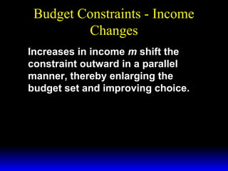 Budget Constraints - Income
Changes
Increases in income m shift the
constraint outward in a parallel
manner, thereby enlarging the
budget set and improving choice.

 
