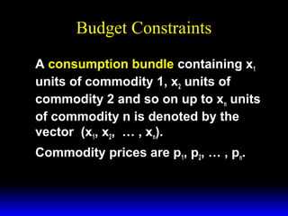 Budget Constraints
A consumption bundle containing x1
units of commodity 1, x2 units of
commodity 2 and so on up to xn units
of commodity n is denoted by the
vector (x1, x2, … , xn).
Commodity prices are p1, p2, … , pn.

 