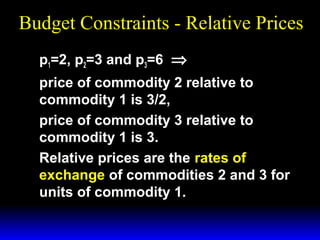 Budget Constraints - Relative Prices
p1=2, p2=3 and p3=6 ⇒
price of commodity 2 relative to
commodity 1 is 3/2,
price of commodity 3 relative to
commodity 1 is 3.
Relative prices are the rates of
exchange of commodities 2 and 3 for
units of commodity 1.

 