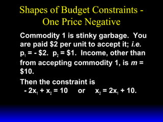 Shapes of Budget Constraints One Price Negative
Commodity 1 is stinky garbage. You
are paid $2 per unit to accept it; i.e.
p1 = - $2. p2 = $1. Income, other than
from accepting commodity 1, is m =
$10.
Then the constraint is
- 2x1 + x2 = 10 or x2 = 2x1 + 10.

 