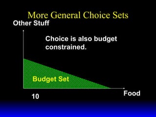 More General Choice Sets

Other Stuff

Choice is also budget
constrained.

Budget Set
10

Food

 