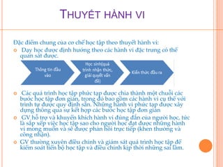 THUYẾT HÀNH VI 
Đặc điểm chung của cơ chế học tập theo thuyết hành vi: 
 Dạy học được định hướng theo các hành vi đặc trưng có thể 
quan sát được. 
 Các quá trình học tập phức tạp được chia thành một chuỗi các 
bước học tập đơn giản, trong đó bao gồm các hành vi cụ thể với 
trình tự được quy định sẵn. Những hành vi phức tạp được xây 
dựng thông qua sự kết hợp các bước học tập đơn giản 
 GV hỗ trợ và khuyến khích hành vi đúng đắn của người học, tức 
là sắp xếp việc học tập sao cho người học đạt được những hành 
vi mong muốn và sẽ được phản hồi trực tiếp (khen thưởng và 
công nhận). 
 GV thường xuyên điều chỉnh và giám sát quá trình học tập để 
kiểm soát tiến bộ học tập và điều chỉnh kịp thời những sai lầm. 
 