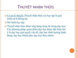 THUYẾT NHẬN THỨC 
 Cơ sở lý thuyết: Thuyết nhận thức coi học tập là quá 
trình xử lí thông tin. 
 Mô hình học tập: 
 Thuyết nhận thức được ứng dụng rộng rãi trong dạy học. 
Các phương pháp, quan điểm dạy học được đặc biệt chú 
ý là dạy học giải quyết vấn đề, dạy học định hướng hành 
động, dạy học khám phá, dạy học theo nhóm 
 