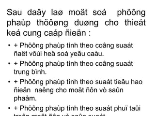 Sau daây laø moät soá phöông 
phaùp thöôøng duøng cho thieát 
keá cung caáp ñieän : 
• + Phöông phaùp tính theo coâng suaát 
ñaët vôùi heä soá yeâu caàu. 
• + Phöông phaùp tính theo coâng suaát 
trung bình. 
• + Phöông phaùp tính theo suaát tieâu hao 
ñieän naêng cho moät ñôn vò saûn 
phaåm. 
• + Phöông phaùp tính theo suaát phuï taûi 
treân moät ñôn vò saûn suaát. 
 