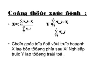 Coâng thöùc xaùc ñònh : 
• X=; å 
n 
S i X 
Y = 
n 
ñm i 
1 
å 
= 
= 
´ 
i 
S i 
ñm 
i 
1 
n 
å 
S i Y 
n 
ñm i 
1 
å 
= 
= 
´ 
i 
S i 
ñm 
i 
1 
• Choïn goác toïa ñoä vôùi truïc hoaønh 
X laø bôø töôøng phía sau Xí Nghieäp 
truïc Y laø töôøng traùi toå . 
 