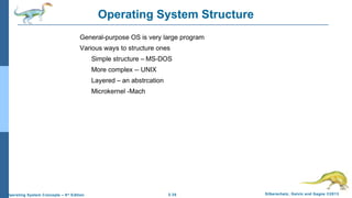 2.35 Silberschatz, Galvin and Gagne ©2013Operating System Concepts – 9th
Edition
Operating System Structure
General-purpose OS is very large program
Various ways to structure ones
Simple structure – MS-DOS
More complex -- UNIX
Layered – an abstrcation
Microkernel -Mach
 