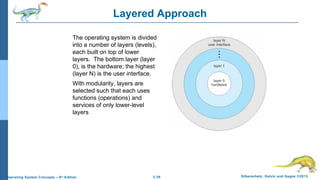 2.39 Silberschatz, Galvin and Gagne ©2013Operating System Concepts – 9th
Edition
Layered Approach
The operating system is divided
into a number of layers (levels),
each built on top of lower
layers. The bottom layer (layer
0), is the hardware; the highest
(layer N) is the user interface.
With modularity, layers are
selected such that each uses
functions (operations) and
services of only lower-level
layers
 