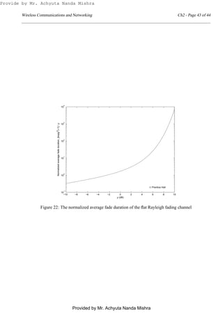 Wireless Communications and Networking Ch2 - Page 43 of 44
−10 −8 −6 −4 −2 0 2 4 6 8 10
10
−1
10
0
10
1
10
2
10
3
10
4
ρ (dB)
Normalizedaveragefadeduration,[exp(ρ2
)−1]/ρ
© Prentice Hall
Figure 22: The normalized average fade duration of the ﬂat Rayleigh fading channel
Provide by Mr. Achyuta Nanda Mishra
Provided by Mr. Achyuta Nanda Mishra
 