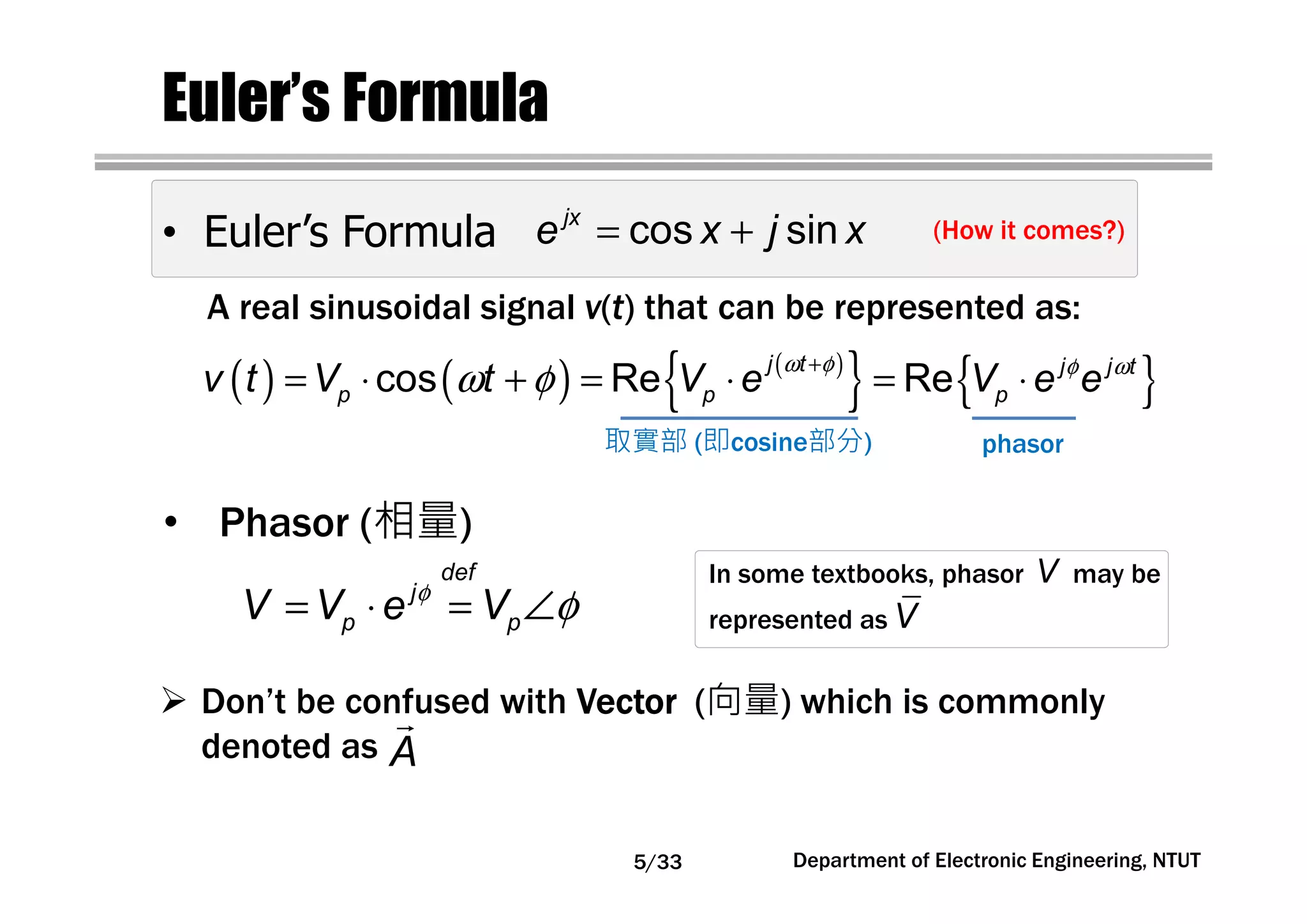 Department of Electronic Engineering, NTUT
In some textbooks, phasor may be
represented as
Euler’s Formula
• Euler’s Formula cos sinjx
e x j x= +
( ) ( ) ( )
{ } { }ω φ φ ω
ω φ +
= ⋅ + = ⋅ = ⋅cos Re Re
j t j j t
p p pv t V t V e V e e
φ
φ= ⋅ = ∠
def
j
p pV V e V
• Phasor (相量)
Don’t be confused with VectorVectorVectorVector (向量) which is commonly
denoted as A
(How it comes?)
取實部 (即cosine部分) phasor
A real sinusoidal signal v(t) that can be represented as:
V
V
5/33
 