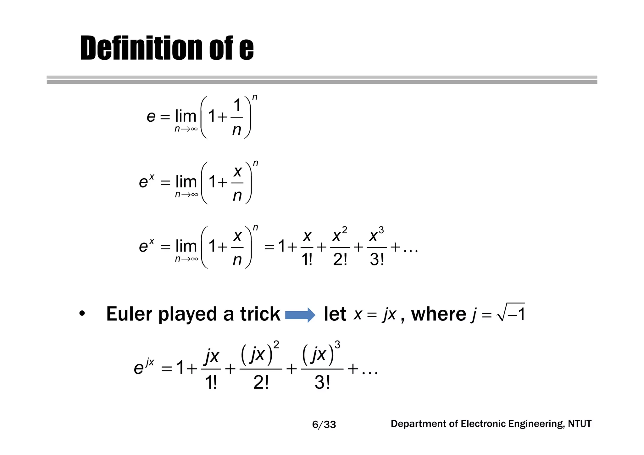 Department of Electronic Engineering, NTUT
Definition of e
lim 1
n
x
n
x
e
n→∞
 
= + 
 
2 3
lim 1 1
1! 2! 3!
n
x
n
x x x x
e
n→∞
 
= + = + + + + 
 
…
x jx=
( ) ( )
2 3
1
1! 2! 3!
jx jx jxjx
e = + + + +…
• Euler played a trick let , where 1j = −
1
lim 1
n
n
e
n→∞
 
= + 
 
6/33
 