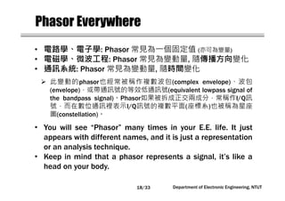 Department of Electronic Engineering, NTUT
Phasor Everywhere
• 電路學、電子學: Phasor 常見為一個固定值 (亦可為變量)
• 電磁學、微波工程: Phasor 常見為變動量, 隨傳播方向變化
• 通訊系統: Phasor 常見為變動量, 隨時間變化
此變動的phasor也經常被稱作複數波包(complex envelope)、波包
(envelope)，或帶通訊號的等效低通訊號(equivalent lowpass signal of
the bandpass signal)。Phasor如果被拆成正交兩成分，常稱作I/Q訊
號，而在數位通訊裡表示I/Q訊號的複數平面(座標系)也被稱為星座
圖(constellation)。
• You will see “Phasor” many times in your E.E. life. It just
appears with different names, and it is just a representation
or an analysis technique.
• Keep in mind that a phasor represents a signal, it’s like a
head on your body.
18/33
 