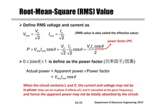 Department of Electronic Engineering, NTUT
Root-Mean-Square (RMS) Value
θ
θ θ= = =
cos
cos cos
22 2
p p p p
rms rms
V I V I
P V I
(RMS value is also called the effective value)
When the circuit contains L and C, the current and voltage may not be
in-phase (they can be in-phase if effects of L and C cancelled at the given frequency),
and hence the apparent power may not be totally absorbed by the circuit.
Define RMS voltage and current as
=
2
p
rms
V
V =
2
p
rms
I
I
power factor (PF)
is define as the power factor (功率因子/因素)θ≤ ≤0 cos 1
×Actual power = Apparent power Power factor
θ= cosrms rmsV I
33/33
 