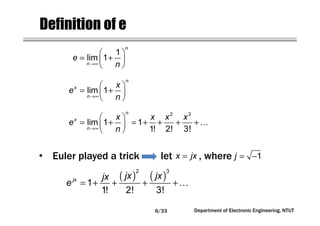 Department of Electronic Engineering, NTUT
Definition of e
lim 1
n
x
n
x
e
n→∞
 
= + 
 
2 3
lim 1 1
1! 2! 3!
n
x
n
x x x x
e
n→∞
 
= + = + + + + 
 
…
x jx=
( ) ( )
2 3
1
1! 2! 3!
jx jx jxjx
e = + + + +…
• Euler played a trick let , where 1j = −
1
lim 1
n
n
e
n→∞
 
= + 
 
6/33
 