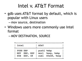 Intel v. AT&T Format
• gdb uses AT&T format by default, which is
popular with Linux users
– mov source, destination
• Windows users more commonly use Intel
format
– MOV DESTINATION, SOURCE
 