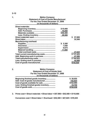 2222
2–12
1. Mellon Company
Statement of Cost of Goods Manufactured
For the Year Ended December 31, 2008
(in thousands of dollars)
Direct materials:
Beginning inventory....................................... $10,400
Add: Purchases .............................................. 76,000
Materials available.......................................... $86,400
Less: Ending inventory.................................. 28,500
Direct materials used........................................... $ 57,900
Direct labor ........................................................... 52,500
Manufacturing overhead:
Supplies........................................................... $ 5,300
Insurance......................................................... 1,050
Supervision ..................................................... 9,675
Material handling ............................................ 11,000
Total overhead costs...................................... 27,025
Total current manufacturing costs..................... $ 137,425
Add: Beginning work in process........................ 47,500
Total manufacturing costs .................................. $ 184,925
Less: Ending work in process ............................ 42,000
Cost of goods manufactured .............................. $142,925
2. Mellon Company
Statement of Cost of Goods Sold
For the Year Ended December 31, 2008
(in thousands of dollars)
Beginning finished goods inventory.................. $ 20,055
Add: Cost of goods manufactured..................... 142,925
Cost of goods available for sale......................... $162,980
Less: Ending finished goods inventory............. 10,750
Cost of goods sold............................................... $152,230
3. Prime cost = Direct materials + Direct labor = $57,900 + $52,500 = $110,400
Conversion cost = Direct labor + Overhead = $52,500 + $27,025 = $79,525
 