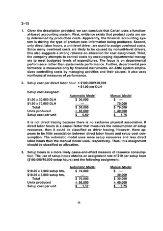 2255
2–15
1. Given the description provided, we can conclude that Cariari uses a function-
al-based accounting system. First, evidence exists that product costs are on-
ly determined by production costs. Apparently, the financial accounting sys-
tem is driving the type of product cost information being produced. Second,
only direct labor hours, a unit-level driver, are used to assign overhead costs.
Since many overhead costs are likely to be caused by nonunit-level drivers,
this also suggests a strong reliance on allocation for cost assignment. Third,
the company attempts to control costs by encouraging departmental manag-
ers to meet budgeted levels of expenditures. The focus is on departmental
performance rather than systemwide performance. Further, departmental per-
formance is measured only by financial instruments. An ABM system empha-
sizes controlling costs by managing activities and their causes; it also uses
nonfinancial measures of performance.
2. Setup cost per direct labor hour = $100,000/100,000
= $1.00 per DLH
Setup cost assigned:
Automatic Model Manual Model
$1.00 × 30,000 DLH $ 30,000 $ —
$1.00 × 70,000 DLH — 70,000
Total $ 30,000 $ 70,000
Units produced ÷ 60,000 ÷ 40,000
Setup cost per unit $ 0.50 $ 1.75
It is not direct tracing because there is no exclusive physical association. If
direct labor hours is a causal factor that measures the consumption of setup
resources, then it could be classified as driver tracing. However, there ap-
pears to be little association between direct labor hours and setup cost con-
sumption. The automatic model uses more setup resources and less direct
labor hours than the manual model uses, respectively. Thus, this assignment
should be classified as allocation.
3. Setup hours is a more likely cause-and-effect measure of resource consump-
tion. The use of setup hours obtains an assignment rate of $10 per setup hour
($100,000/10,000 setup hours) and the following assignment:
Automatic Model Manual Model
$10.00 × 7,000 setup hrs. $ 70,000 $ —
$10.00 × 3,000 setup hrs. — 30,000
Total $ 70,000 $ 30,000
Units produced ÷ 60,000 ÷ 40,000
Setup cost per unit $ 1.17 $ 0.75
 