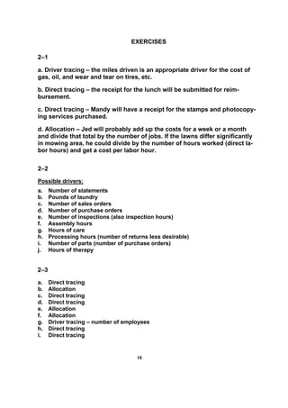 1155
EXERCISES
2–1
a. Driver tracing – the miles driven is an appropriate driver for the cost of
gas, oil, and wear and tear on tires, etc.
b. Direct tracing – the receipt for the lunch will be submitted for reim-
bursement.
c. Direct tracing – Mandy will have a receipt for the stamps and photocopy-
ing services purchased.
d. Allocation – Jed will probably add up the costs for a week or a month
and divide that total by the number of jobs. If the lawns differ significantly
in mowing area, he could divide by the number of hours worked (direct la-
bor hours) and get a cost per labor hour.
2–2
Possible drivers:
a. Number of statements
b. Pounds of laundry
c. Number of sales orders
d. Number of purchase orders
e. Number of inspections (also inspection hours)
f. Assembly hours
g. Hours of care
h. Processing hours (number of returns less desirable)
i. Number of parts (number of purchase orders)
j. Hours of therapy
2–3
a. Direct tracing
b. Allocation
c. Direct tracing
d. Direct tracing
e. Allocation
f. Allocation
g. Driver tracing – number of employees
h. Direct tracing
i. Direct tracing
 