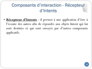Composants d’interaction - Récepteur
d’Intents
19
 Récepteur d’Intents : il permet à une application d’être à
l’écoute des autres afin de répondre aux objets Intent qui lui
sont destinés et qui sont envoyés par d’autres composants
applicatifs.
 