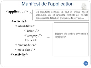 Manifest de l'application
23
<application>
<activity>
<intent-filter>
<action />
<category />
<data />
</intent-filter>
<meta-data />
</activity>
Un manifeste contient un seul et unique noeud
application qui en revanche contient des noeuds
concernant la définition d’activités, de services…
Déclare une activité présentée à
l’utilisateur.
 