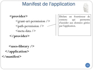 Manifest de l'application
25
<provider>
<grant-uri-permission />
<path-permission />
<meta-data />
</provider>
<uses-library />
</application>
</manifest>
Déclare un fournisseur de
contenu qui permettra
d’accéder aux données gérées
par l’application.
 