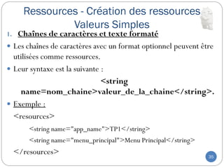 Ressources - Création des ressources
Valeurs Simples
35
1. Chaînes de caractères et texte formaté
 Les chaînes de caractères avec un format optionnel peuvent être
utilisées comme ressources.
 Leur syntaxe est la suivante :
<string
name=nom_chaine>valeur_de_la_chaine</string>.
 Exemple :
<resources>
<string name="app_name">TP1</string>
<string name="menu_principal">Menu Principal</string>
</resources>
 