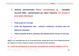 1. Actions permanentes (Valeur caractéristique Gk : variabilité
souvent faible , représentation par valeur moyenne, voir annexe A
pour poids volumique)
 Poids propre de l’ouvrage
 Poids des équipements fixes : cloisons, revêtement, machines dans les
1. Introduction 2. Les Eurocodes 3. EC0/Semi probabilisme 4. Etats limites 5. Actions 6. Combinaisons d’Actions
39
M. SADEK
bâtiments industriels
 Poids, poussées de terre, pressions des liquides dont le niveau ne varie pas
 …
NOTA : Il y a cependant des cas où il convient de tenir compte des écarts d’une charge permanente
par rapport à sa valeur moyenne, lorsque ces écarts peuvent être sensibles :
Ex : poids des revêtements de chaussée, susceptible de variations notables (± 20 %)
 