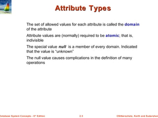 ©Silberschatz, Korth and Sudarshan2.3Database System Concepts - 6th
Edition
Attribute TypesAttribute Types
The set of allowed values for each attribute is called the domain
of the attribute
Attribute values are (normally) required to be atomic; that is,
indivisible
The special value null is a member of every domain. Indicated
that the value is “unknown”
The null value causes complications in the definition of many
operations
 