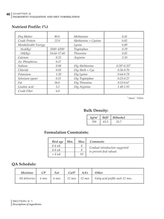 SECTION 2.1
Description of ingredients
46 CHAPTER 2
INGREDIENT EVALUATION AND DIET FORMULATION
Dry Matter 90.0 Methionine 0.41
Crude Protein 22.0 Methionine + Cystine 0.82
Metabolizable Energy: Lysine 0.89
(kcal/kg) 35001
-42002
Tryptophan 0.29
(MJ/kg) 14.64–17.60 Threonine 0.82
Calcium 0.25 Arginine 2.10
Av. Phosphorus 0.17
Sodium 0.08 Dig Methionine 0.281-0.352
Chloride 0.05 Dig Meth + Cys 0.56-0.70
Potassium 1.20 Dig Lysine 0.64-0.78
Selenium (ppm) 0.11 Dig Tryptophan 0.25-0.27
Fat 34.0 Dig Threonine 0.53-0.67
Linoleic acid 5.2 Dig Arginine 1.49-1.93
Crude Fiber 6.0
Nutrient Profile: (%)
Bulk Density:
Formulation Constraints:
1
Mash; 2
Pellets
kg/m3
lb/ft3
lb/bushel
700 43.5 55.7
Bird age Min. Max. Comments
0-4 wk 8
4-8 wk 8
> 8 wk 10
Gradual introduction suggested
to prevent feed refusal.
Moisture CP Fat Ca/P AA’s Other
All deliveries 6 mos 6 mos 12 mos 12 mos Fatty acid profile each 12 mos.
QA Schedule:
 