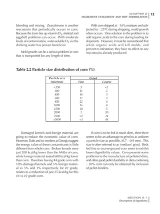 13CHAPTER 2
INGREDIENT EVALUATION AND DIET FORMULATION
SECTION 2.1
Description of ingredients
13
blending and mixing. Zearalenone is another
mycotoxin that periodically occurs in corn.
Because the toxin ties up vitamin D3, skeletal and
eggshell problems can occur. With moderate
levels of contamination, water-soluble D3 via the
drinking water has proven beneficial.
Mold growth can be a serious problem in corn
that is transported for any length of time.
Damaged kernels and foreign material are
going to reduce the economic value of corn.
However, Dale and co-workers at Georgia suggest
the energy value of these contaminants is little
different from whole corn. Broken kernels were
just 200 kcal/kg lower than the AMEn of corn,
while foreign material tested 600 kcal/kg lower
than corn. Therefore having #4 grade corn with
10% damaged kernels and 5% foreign materi-
al vs 5% and 3% respectively for #2 grade,
relates to a reduction of just 25 kcal/kg for this
#4 vs #2 grade corn.
If corn is to be fed in mash diets, then there
seems to be an advantage to grind to as uniform
a particle size as possible, (0.7 – 0.9 mm). This
size is often referred to as ‘medium’ grind. Birds
fed fine or coarse-ground corn seem to exhibit
lower digestibility values. Corn presents some
problems to the manufacture of pelleted diets,
and often good pellet durability in diets containing
30% corn can only be obtained by inclusion
of pellet-binders.
With corn shipped at 16% moisture and sub-
jected to 25ºC during shipping, mold growth
often occurs. One solution to the problem is to
add organic acids to the corn during loading for
shipments. However, it must be remembered that
while organic acids will kill molds, and
prevent re-infestation, they have no effect on any
mycotoxins already produced.
Particle size Grind
(microns) Fine Coarse
<150 5 <1
300 11 2
450 16 3
600 17 3
850 22 4
1000 16 4
1500 10 5
2000 1 10
2500 <1 24
>3000 <1 44
Table 2.2 Particle size distribution of corn (%)
 