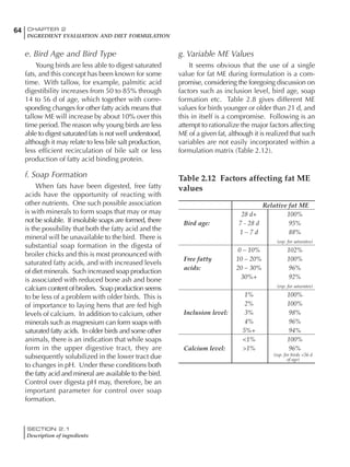 SECTION 2.1
Description of ingredients
64 CHAPTER 2
INGREDIENT EVALUATION AND DIET FORMULATION
e. Bird Age and Bird Type
Young birds are less able to digest saturated
fats, and this concept has been known for some
time. With tallow, for example, palmitic acid
digestibility increases from 50 to 85% through
14 to 56 d of age, which together with corre-
sponding changes for other fatty acids means that
tallow ME will increase by about 10% over this
time period.The reason why young birds are less
able to digest saturated fats is not well understood,
although it may relate to less bile salt production,
less efficient recirculation of bile salt or less
production of fatty acid binding protein.
f. Soap Formation
When fats have been digested, free fatty
acids have the opportunity of reacting with
other nutrients. One such possible association
is with minerals to form soaps that may or may
not be soluble. If insoluble soaps are formed, there
is the possibility that both the fatty acid and the
mineral will be unavailable to the bird. There is
substantial soap formation in the digesta of
broiler chicks and this is most pronounced with
saturated fatty acids, and with increased levels
of diet minerals. Such increased soap production
is associated with reduced bone ash and bone
calcium content of broilers. Soap production seems
to be less of a problem with older birds. This is
of importance to laying hens that are fed high
levels of calcium. In addition to calcium, other
minerals such as magnesium can form soaps with
saturated fatty acids. In older birds and some other
animals, there is an indication that while soaps
form in the upper digestive tract, they are
subsequently solubilized in the lower tract due
to changes in pH. Under these conditions both
the fatty acid and mineral are available to the bird.
Control over digesta pH may, therefore, be an
important parameter for control over soap
formation.
g. Variable ME Values
It seems obvious that the use of a single
value for fat ME during formulation is a com-
promise, considering the foregoing discussion on
factors such as inclusion level, bird age, soap
formation etc. Table 2.8 gives different ME
values for birds younger or older than 21 d, and
this in itself is a compromise. Following is an
attempt to rationalize the major factors affecting
ME of a given fat, although it is realized that such
variables are not easily incorporated within a
formulation matrix (Table 2.12).
Table 2.12 Factors affecting fat ME
values
Relative fat ME
28 d+ 100%
Bird age: 7 - 28 d 95%
1 – 7 d 88%
(esp. for saturates)
0 – 10% 102%
Free fatty 10 – 20% 100%
acids: 20 – 30% 96%
30%+ 92%
(esp. for saturates)
1% 100%
2% 100%
Inclusion level: 3% 98%
4% 96%
5%+ 94%
<1% 100%
Calcium level: >1% 96%
(esp. for birds <56 d
of age)
 