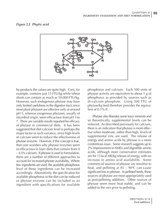 95CHAPTER 2
INGREDIENT EVALUATION AND DIET FORMULATION
SECTION 2.3
Feed additives
by-products the values are quite high. Corn, for
example, contains just 15 FTU/kg while wheat
shorts can contain as much as 10,000 FTU/kg.
However, such endogenous phytase may have
only limited usefulness in the digestive tract, since
most plant phytases are effective only at around
pH 5, whereas exogenous phytases, usually of
microbial origin, seem efficacious from pH 3 to
7. There are variable results reported for efficacy
of phytase in commercial diets. It has been
suggested that diet calcium level is perhaps the
major factor in such variance, since high levels
of calcium seem to reduce the effectiveness of
phytase enzyme. However, if this concept is true,
then one wonders why phytase enzymes seem
so efficacious in layer diets that contain from 4
– 4.5% calcium. If phytase is used in formulation,
there are a number of different approaches to
account for increased phytate availability. Where
few ingredients are used, the available phosphorus
level of these ingredients can be increased
accordingly. Alternatively, the specification for
available phosphorus in the diet can be reduced
or phytase enzyme can be included as an
ingredient with specifications for available
phosphorus and calcium. Each 500 units of
phytase activity are equivalent to about 1 g of
phosphorus as provided by sources such as
di-calcium phosphate. Using 500 FTU of
phytase/kg feed therefore provides the equiva-
lent of 0.1% P.
Phytase also liberates some trace minerals and
so theoretically, supplemental levels can be
reduced. As described previously for calcium,
there is an indication that phytase is more effec-
tive when moderate, rather than high, levels of
supplemental zinc are used. The release of
energy and amino acids by phytase is a more
contentious issue. Some research suggests up to
2% improvement in AMEn and digestible amino
acids, although more conservative estimates
are for 15 kcal ME/kg release of energy, with no
increase in amino acid availability. Some
commercial sources of phytase are sensitive to
heat, and pelleting at 85 – 90ºC can cause
significant loss in phytase. In pelleted feeds, these
sources of phytase are most appropriately used
as post-pelleting additives. Other sources of
phytase seem more heat stable, and can be
added to the mix prior to pelleting.
Figure 2.1 Phytic acid
 