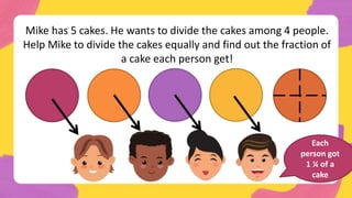 Mike has 5 cakes. He wants to divide the cakes among 4 people.
Help Mike to divide the cakes equally and find out the fraction of
a cake each person get!
Each
person got
1 ¼ of a
cake
 