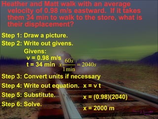 Heather and Matt walk with an average
 velocity of 0.98 m/s eastward. If it takes
 them 34 min to walk to the store, what is
 their displacement?
Step 1: Draw a picture.
Step 2: Write out givens.
        Givens:
         v = 0.98 m/s 60 s
         t = 34 min x      = 2040 s
                      1min
Step 3: Convert units if necessary
Step 4: Write out equation. x = v t
Step 5: Substitute.          x = (0.98)(2040)
Step 6: Solve.
                             x = 2000 m
 